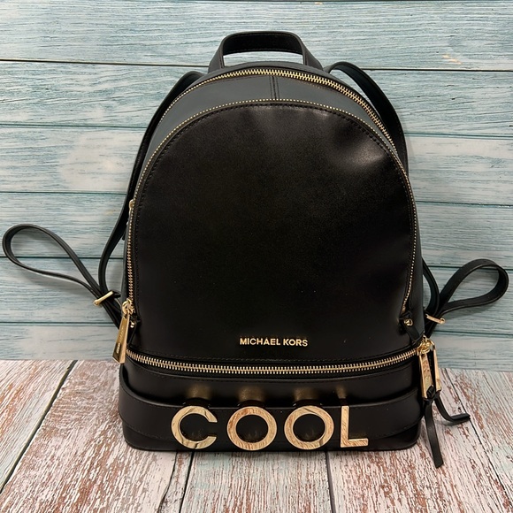 🌸 NWT MICHAEL MICHAEL KORS RHEA ZIP MEDIUM COOL BACKPACK BLACK LEATHER